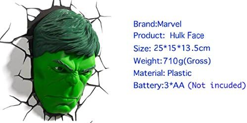 Marvel Avengers Hulk Head,Face, 3D Deco Wall Lamp, Night Light