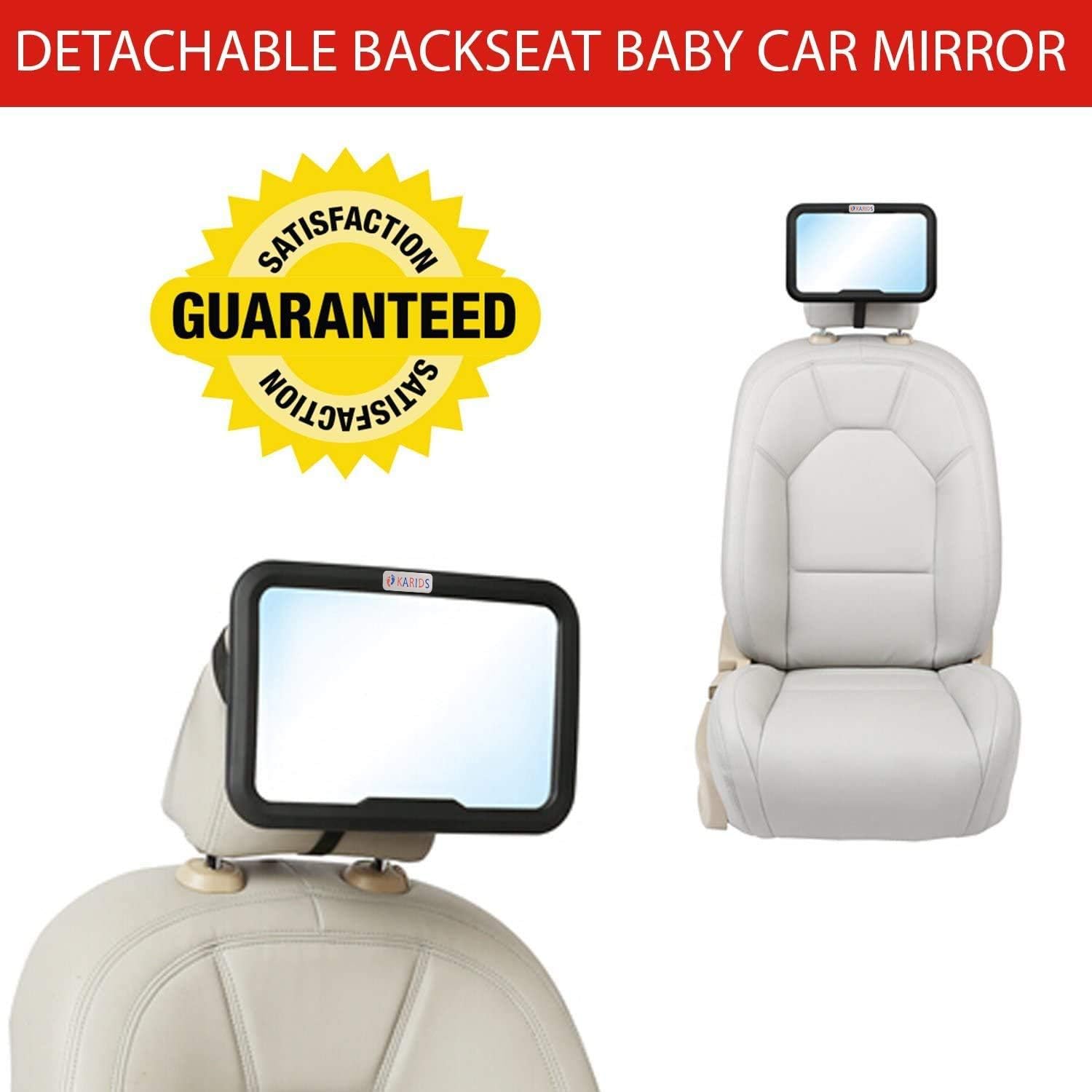 Detachable Backseat Baby Car Mirror – Clear Wide Angle View of Toddler Newborn, Infant or Children – Safe Accessory with Headrest Double Strap - 360 Degree Adjustable + Shatterproof Glass