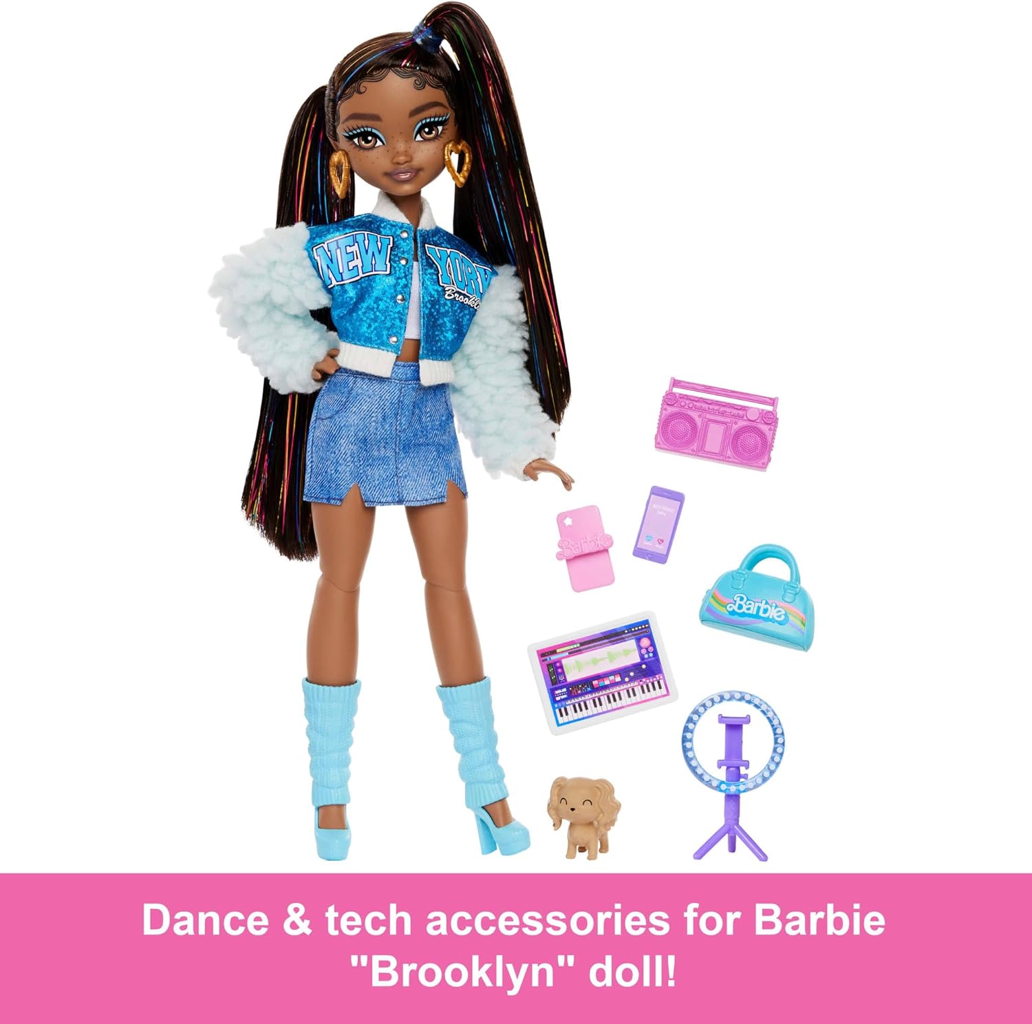 Barbie Dream Besties Playset Brooklyn Posable Fashion Doll with Long Black Hair, 9 Music-Themed Accessories, HYC22