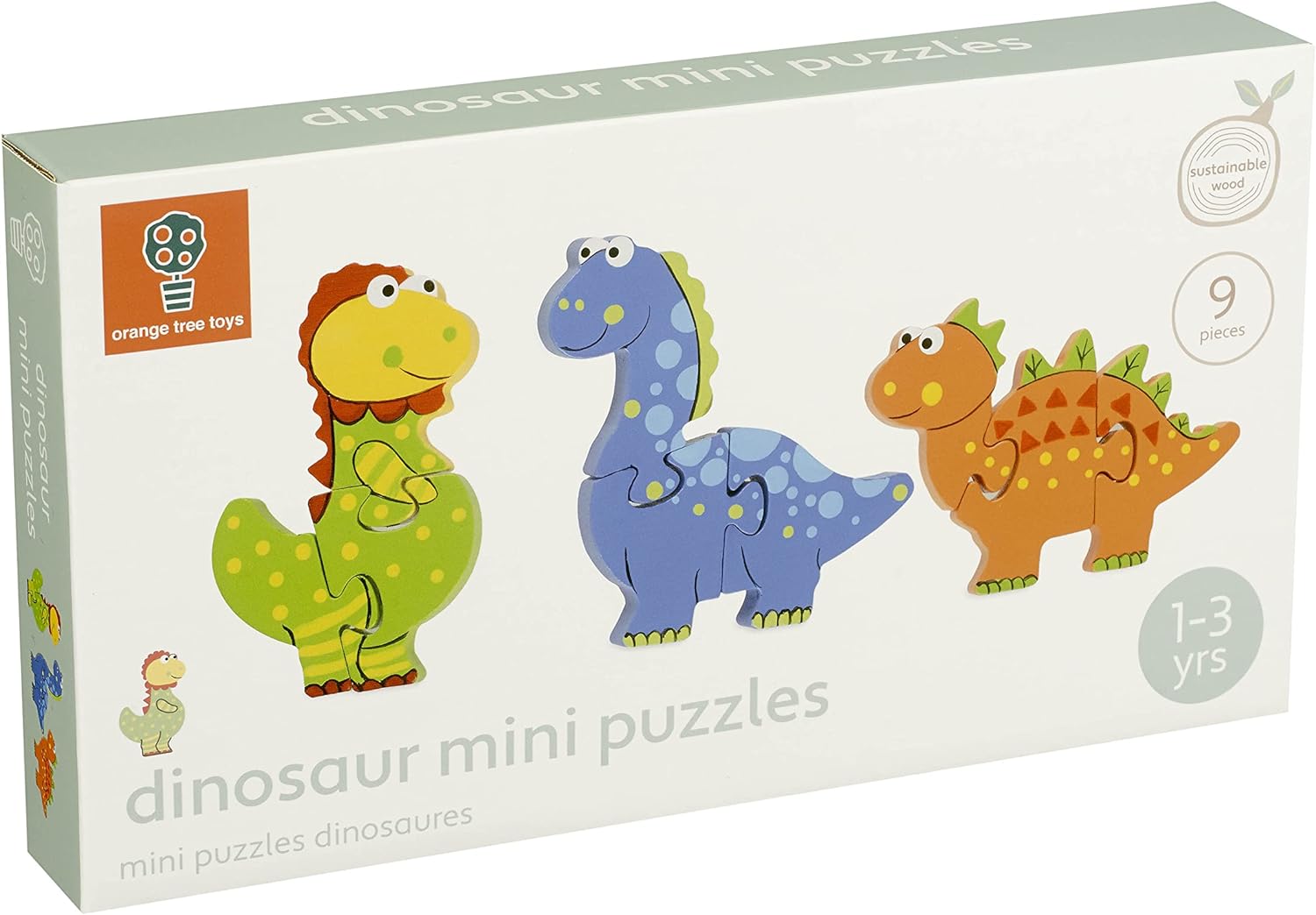 Dinosaur Mini Wooden Puzzles - Set of 3 My First Puzzles - Wooden Toys for 1 - 3 Year Old Orange Tree Toys