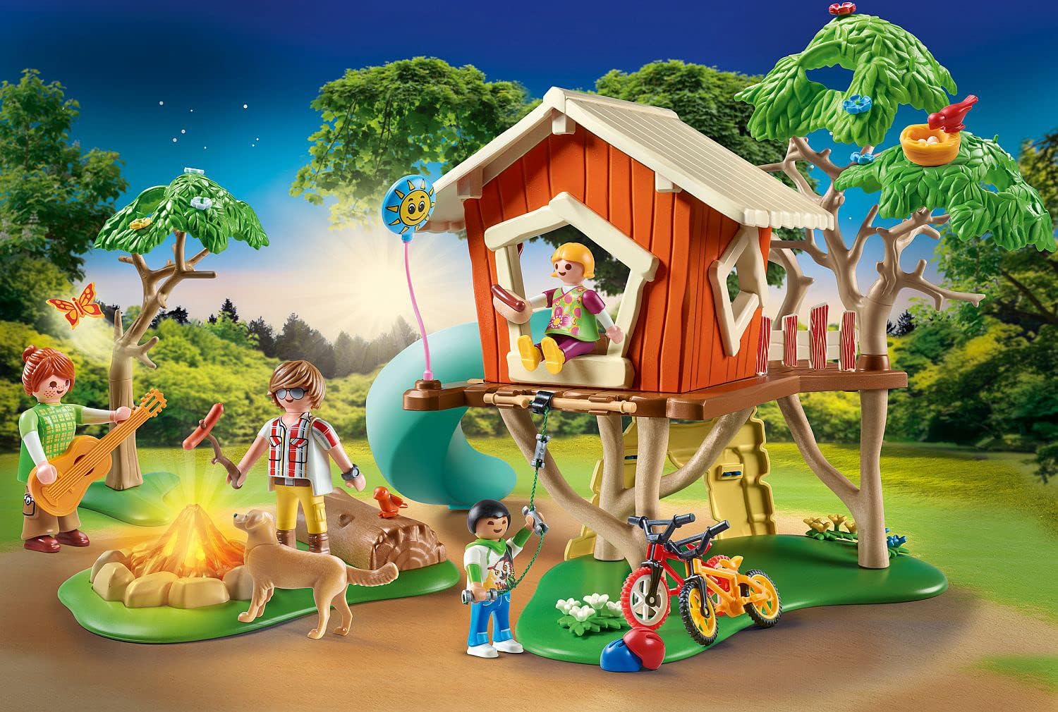 PLAYMOBIL Family Fun 71001 Adventure Treehouse with Slide, LED Campfire Toy