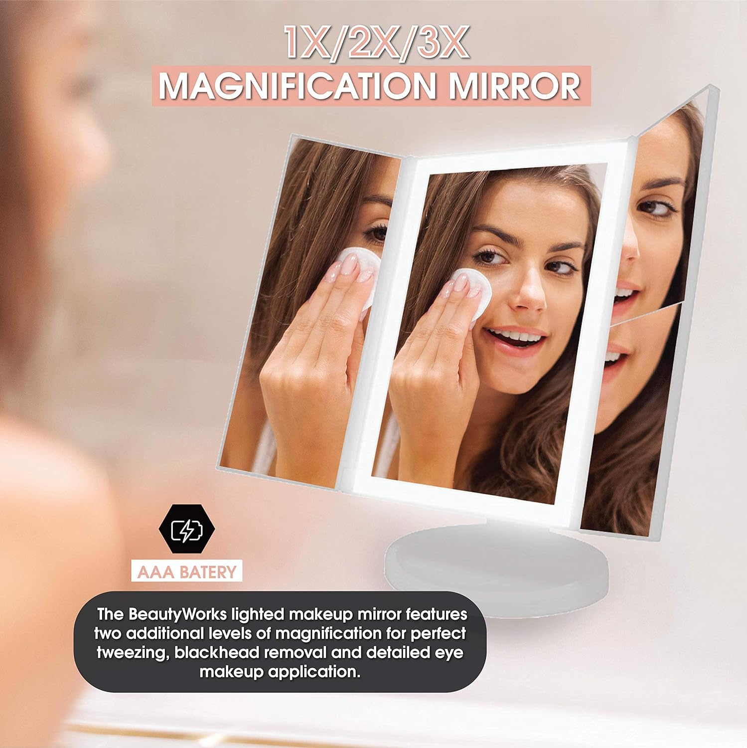 Beautyworks LED Backlit Vanity Mirror, 36 LED Lighting, 1X/2X/3X Magnification