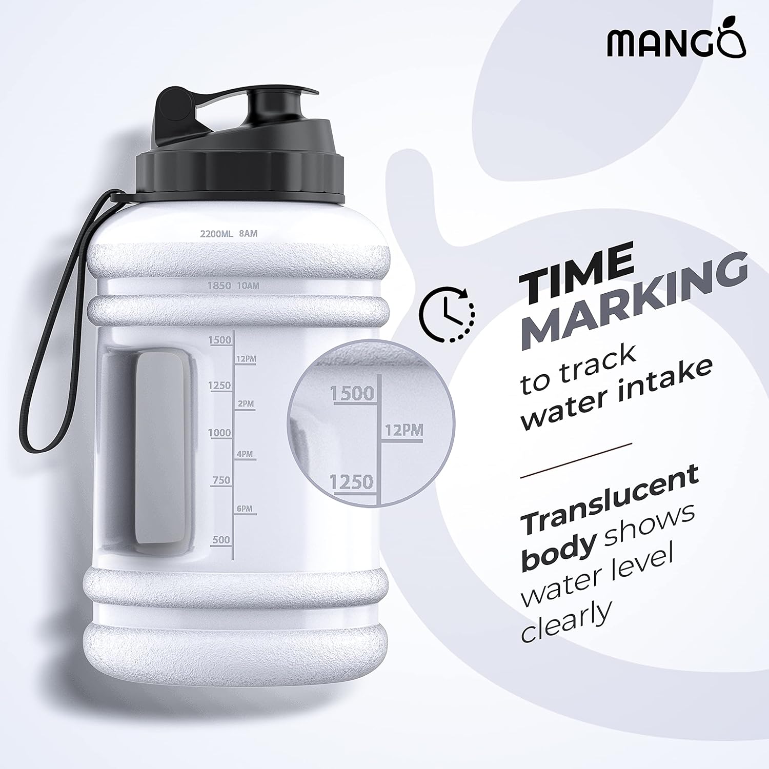 MANGO 2.2L Water Bottle With Straw and Time Markings - BPA Free Xl Jug