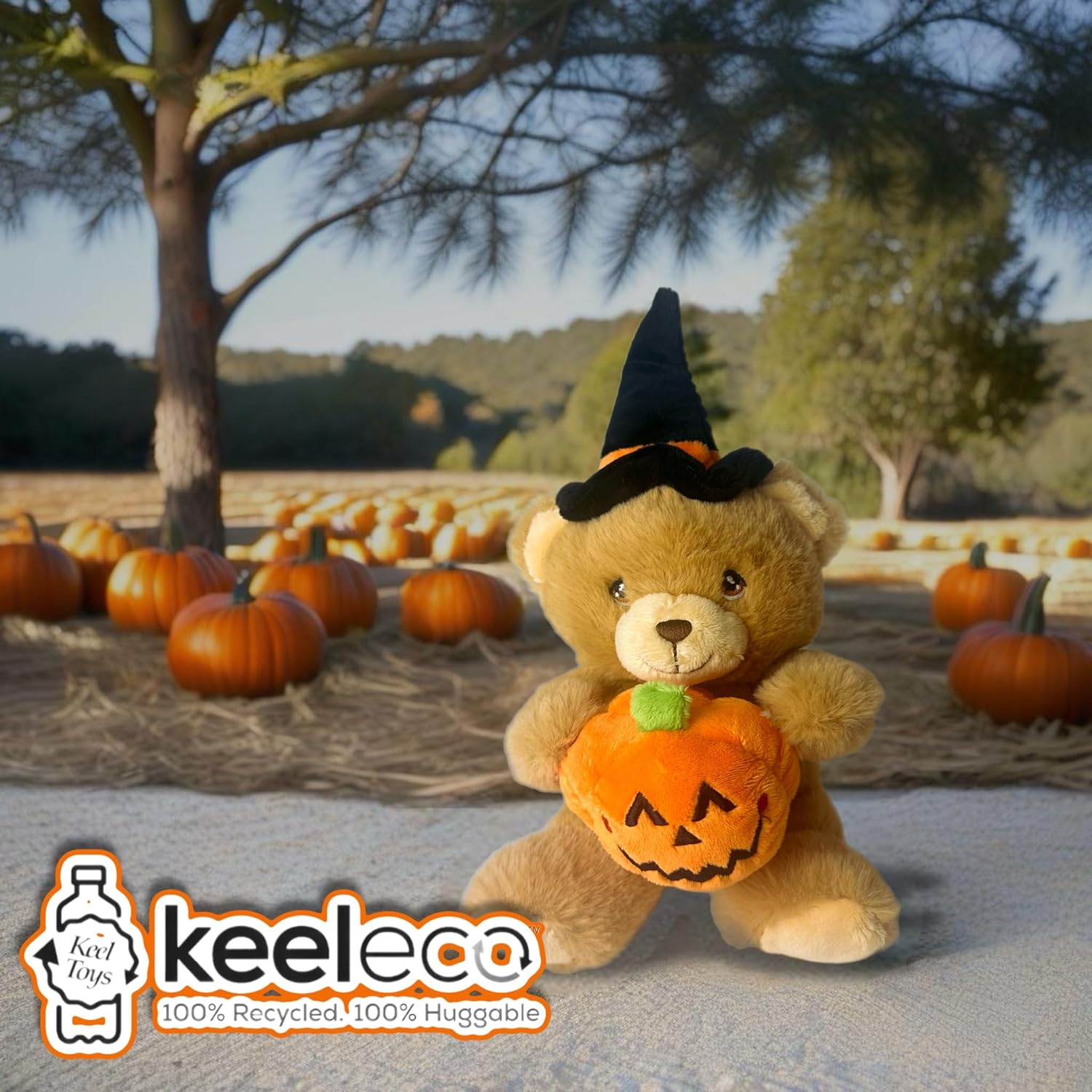 Keeleco Halloween Teddy Bear with Witch Hat and Pumpkin 15cm Plush Toy EH2816 - 100% Recycled Eco Soft Toy - Keel Toys - 0