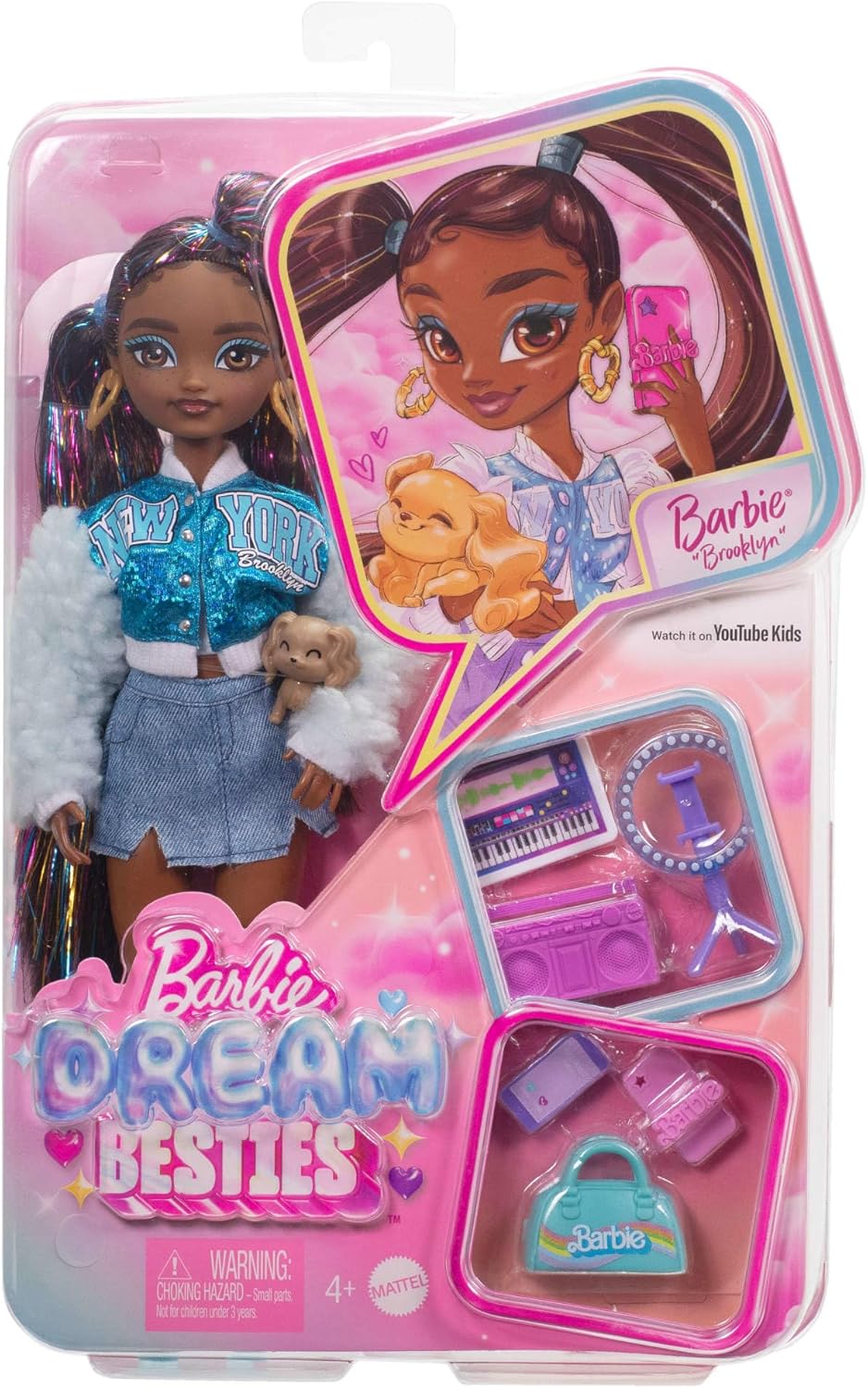 Barbie Dream Besties Playset Brooklyn Posable Fashion Doll with Long Black Hair, 9 Music-Themed Accessories, HYC22