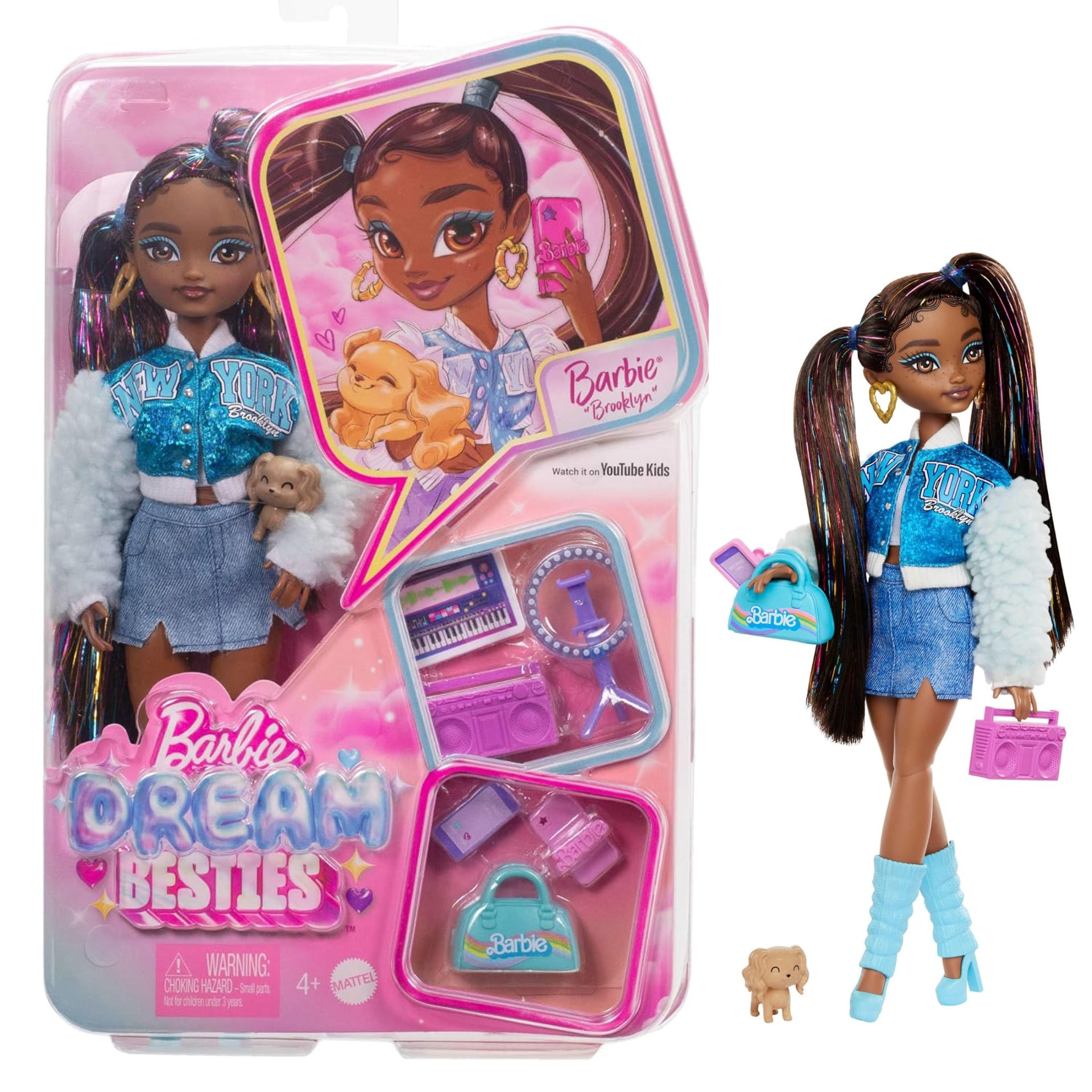 Barbie Dream Besties Playset Brooklyn Posable Fashion Doll with Long Black Hair, 9 Music-Themed Accessories, HYC22