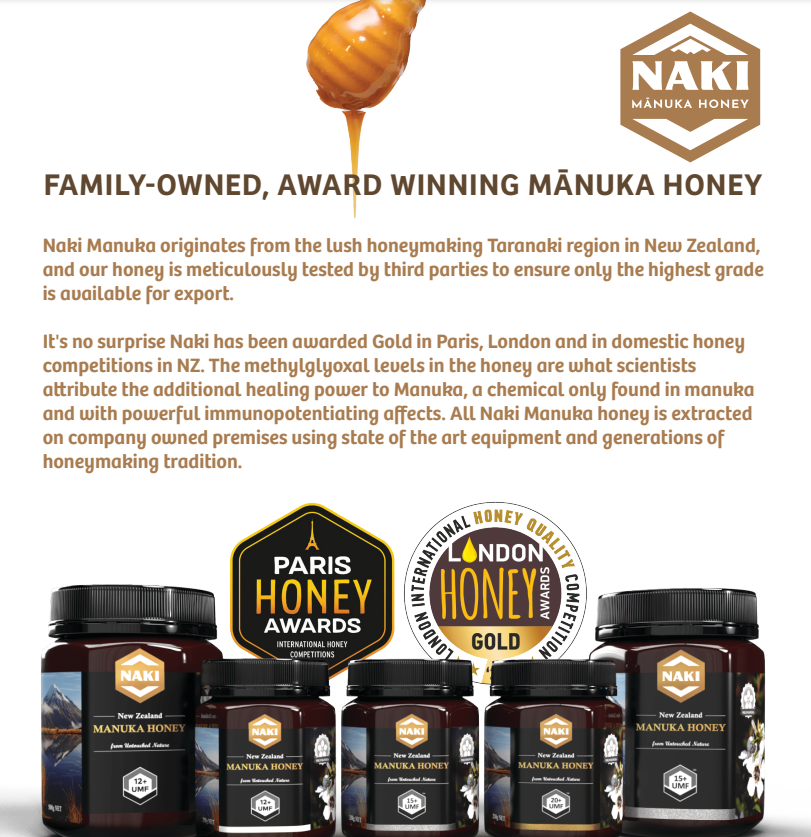 NAKI Manuka Honey Harvested, Tested. Traceable. Certified 100% New Zealand Honey | International Gold Award Winner UMF 12+ | MGO 350+ | 250 grams