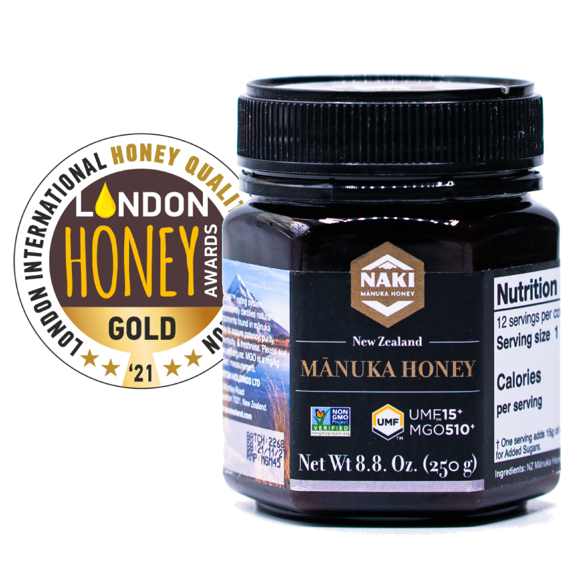 NAKI Manuka Honey Harvested, Tested. Traceable. Certified 100% New Zealand Honey | International Gold Award Winner UMF 15+ | MGO 510 | 250 grams