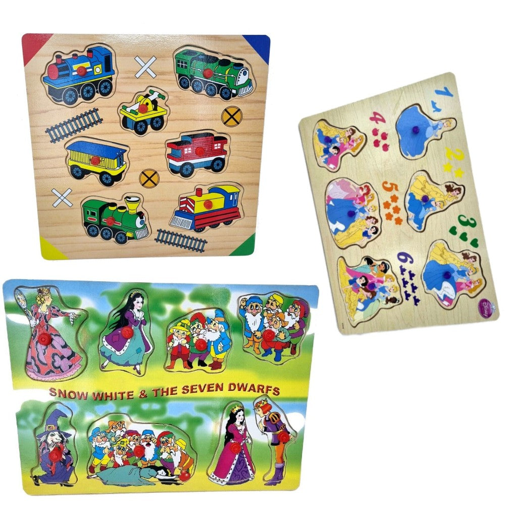 Wooden Puzzle Set of 3 Basic EASY Puzzles Snow White, Princess and Trains