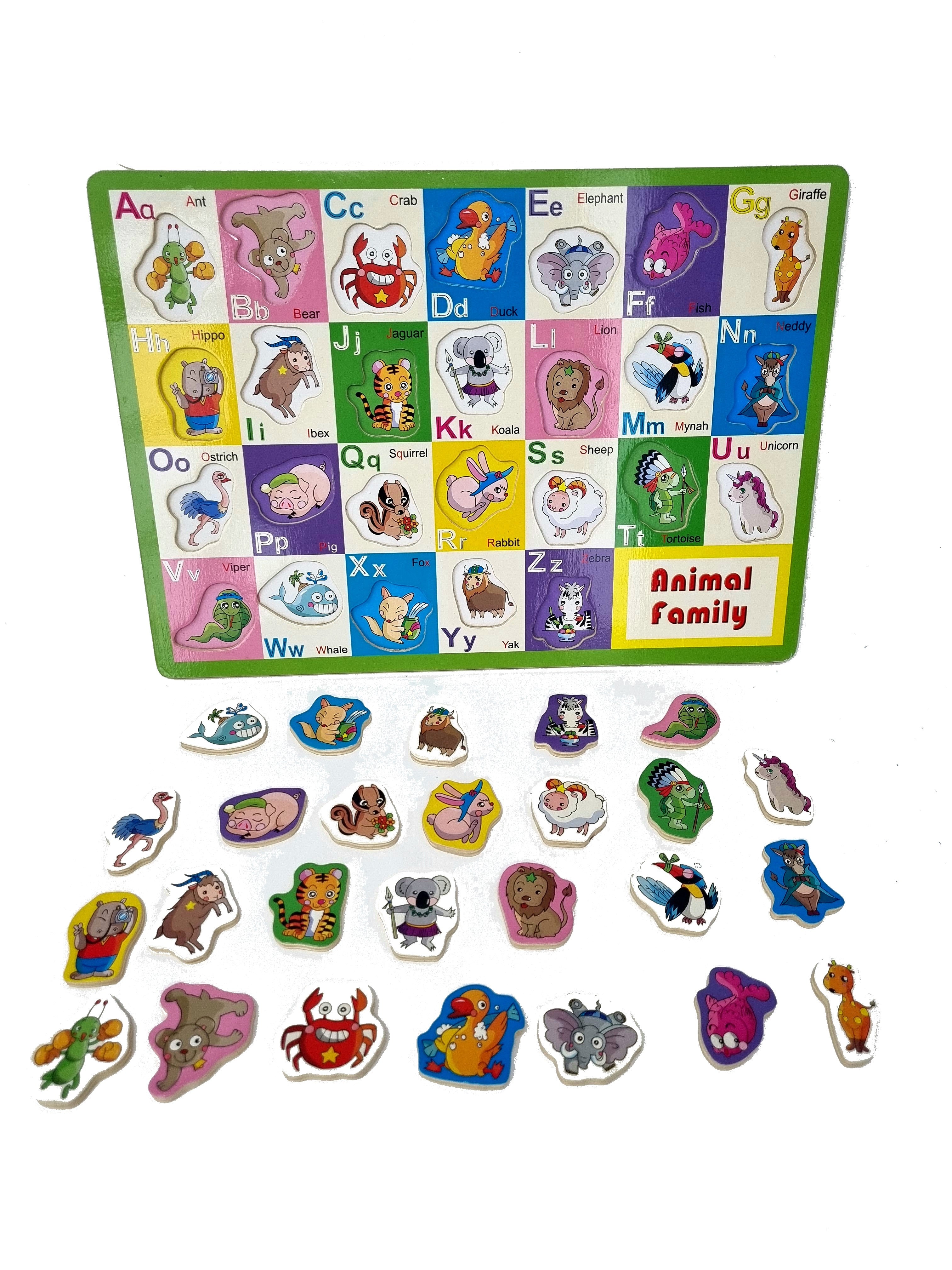 Wooden Puzzle Set of 3 Puzzles - Alphabet , Animals, Clock and Numbers