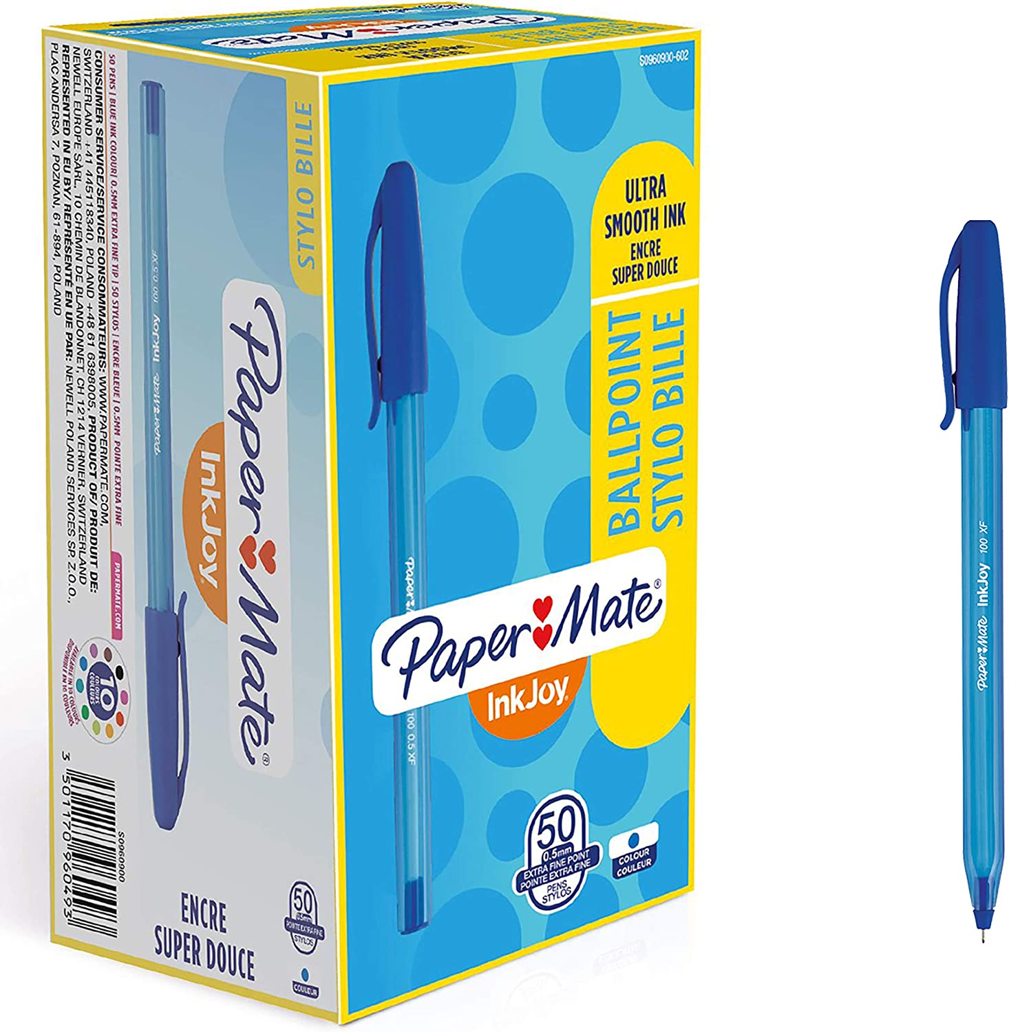 Paper Mate InkJoy 100ST Ballpoint Pens | Ultra Fine Point (0.5 mm) | Blue | 50 PACK