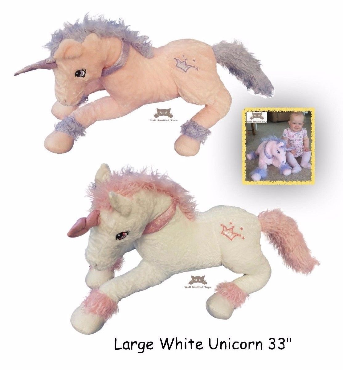 Deluxe Paws Extra Large Silky Soft Unicorn Plush White or Pink