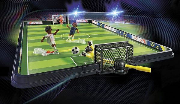 PLAYMOBIL Sports & Action 71120 Soccer Stadium, Table Football Game for Kids, with 2 Footballers with Kick Mechanism, 2 Goalkeepers, 3 Balls, Tabletop Toy for Children 5+