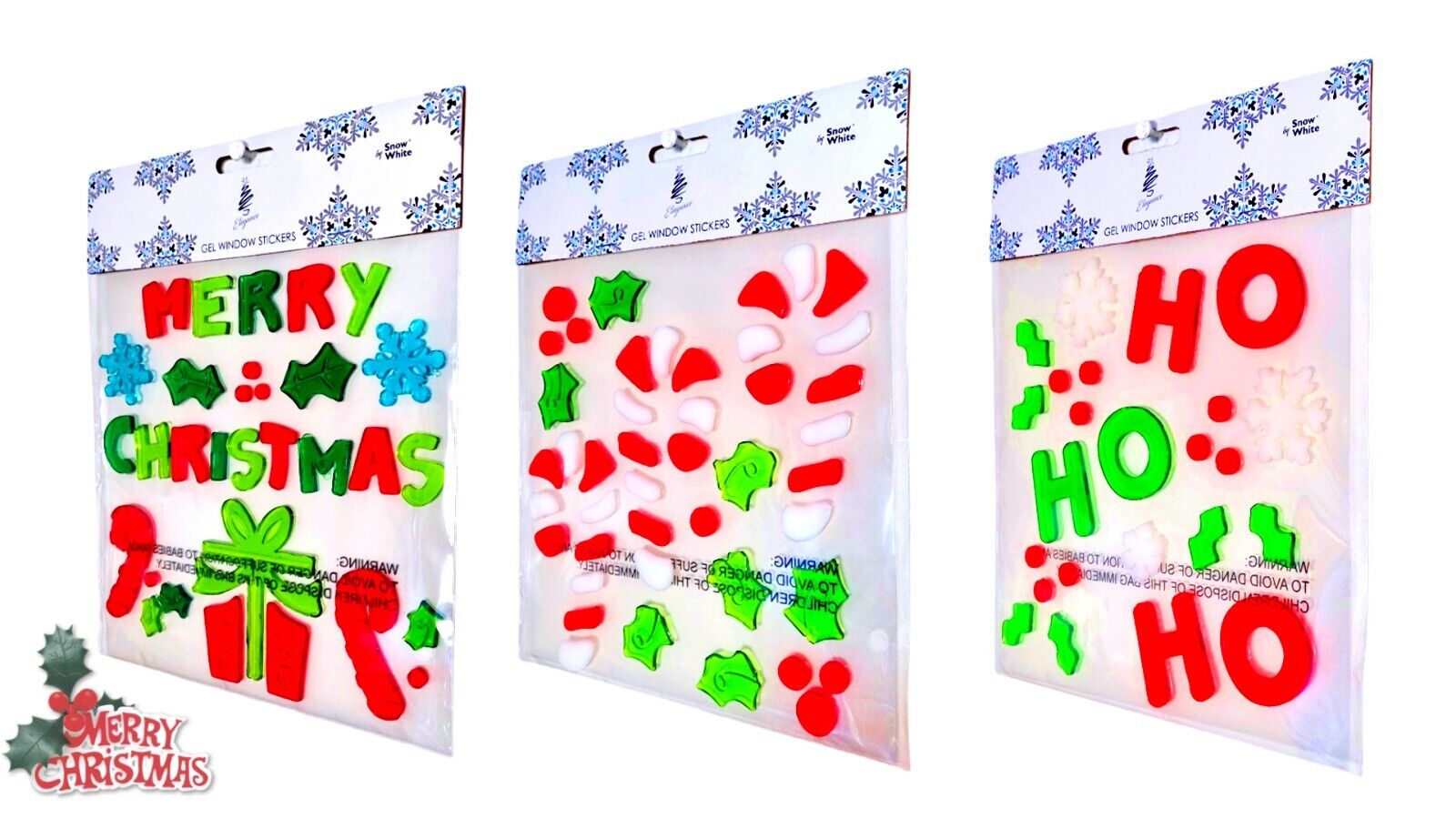 CHRISTMAS GEL WINDOW STICKERS  Removable No Mess - 5 Festive Designs - Sets of 3 Packs