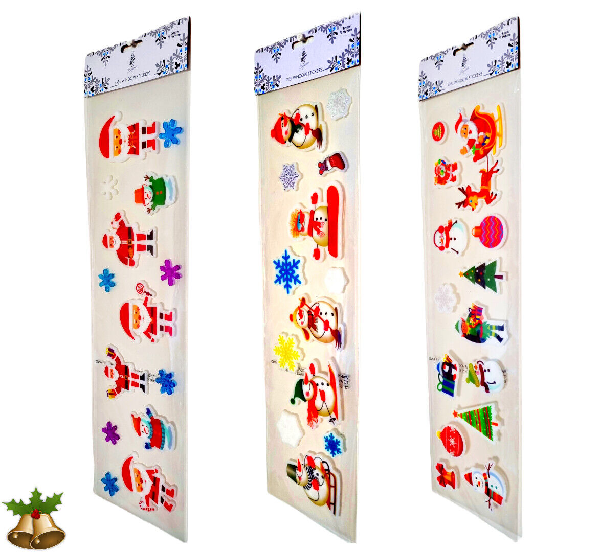 CHRISTMAS GEL WINDOW STICKERS  Removable No Mess - 5 Festive Designs - Sets of 3 Packs