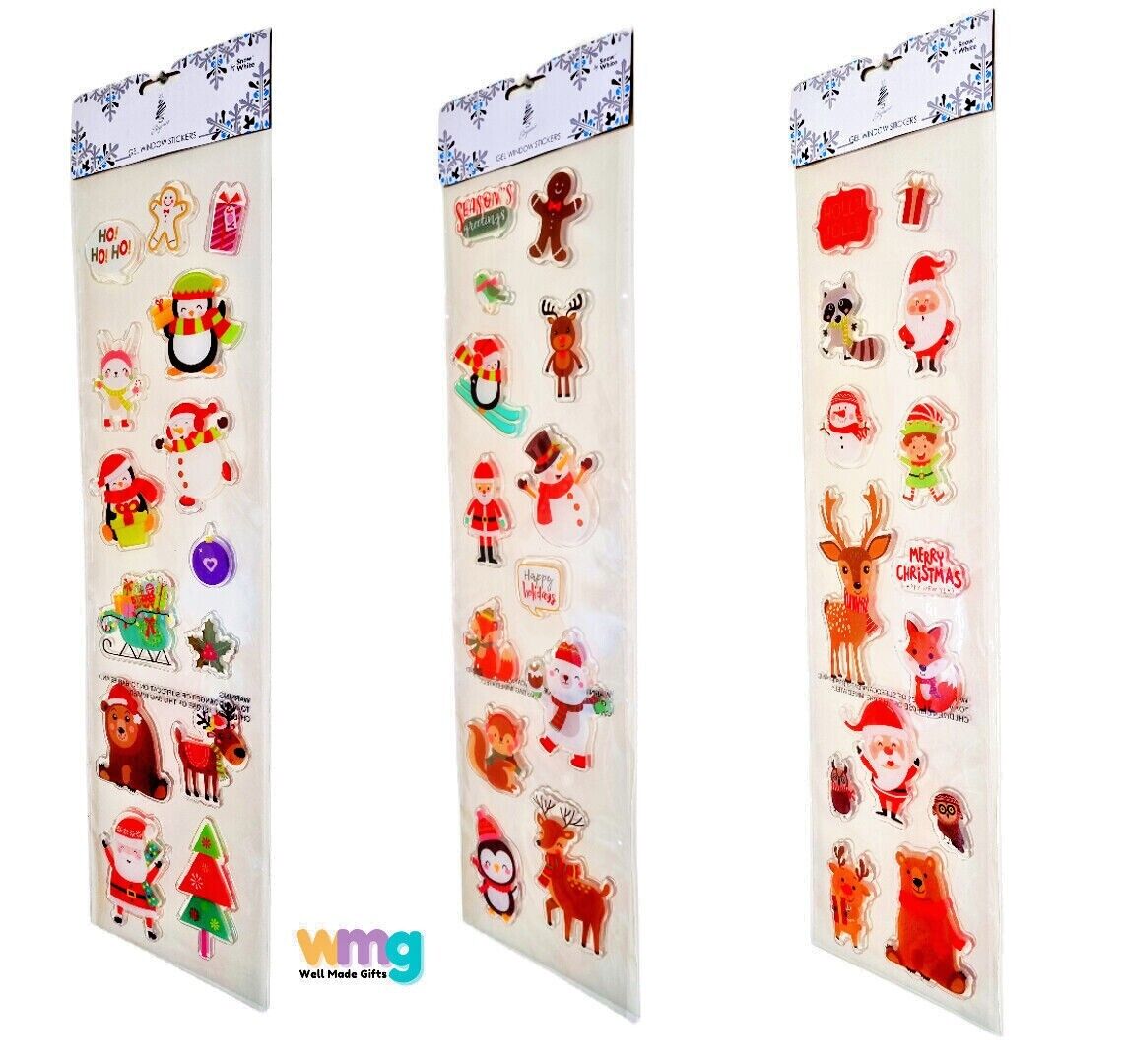 CHRISTMAS GEL WINDOW STICKERS  Removable No Mess - 5 Festive Designs - Sets of 3 Packs