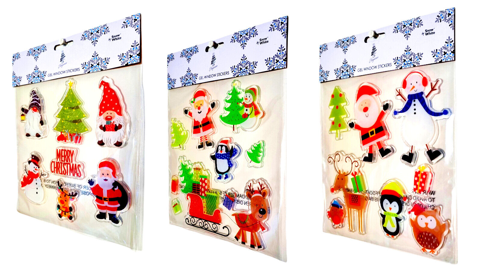 CHRISTMAS GEL WINDOW STICKERS  Removable No Mess - 5 Festive Designs - Sets of 3 Packs