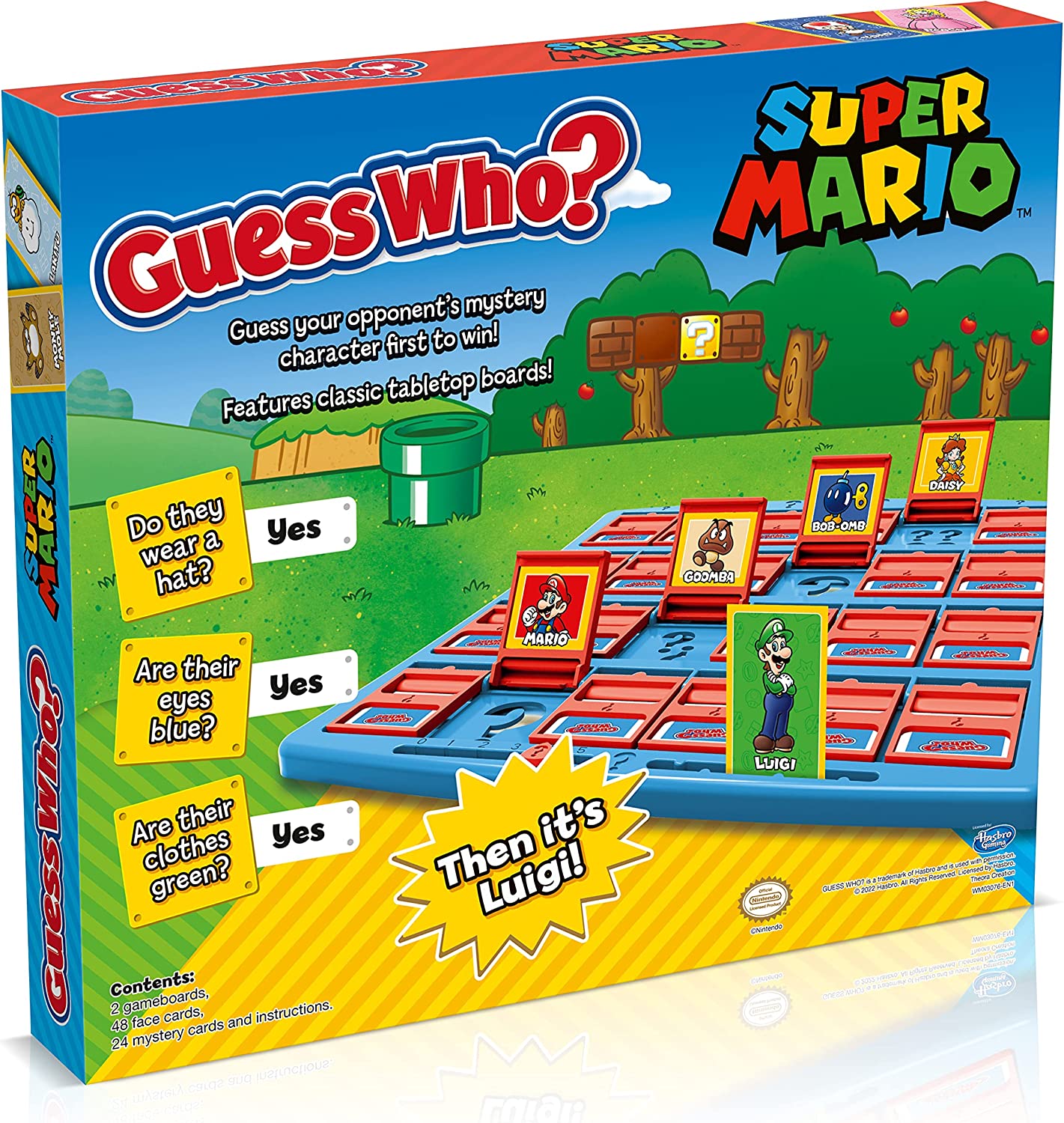 Super Mario Guess Who? Board Game, Play with classic Nintendo characters including Mario, Luigi, Peach, Bowser, and Donkey Kong, 2 players